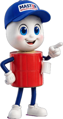 Etiquetinha, mascote da Master, apontando para os botões de contato